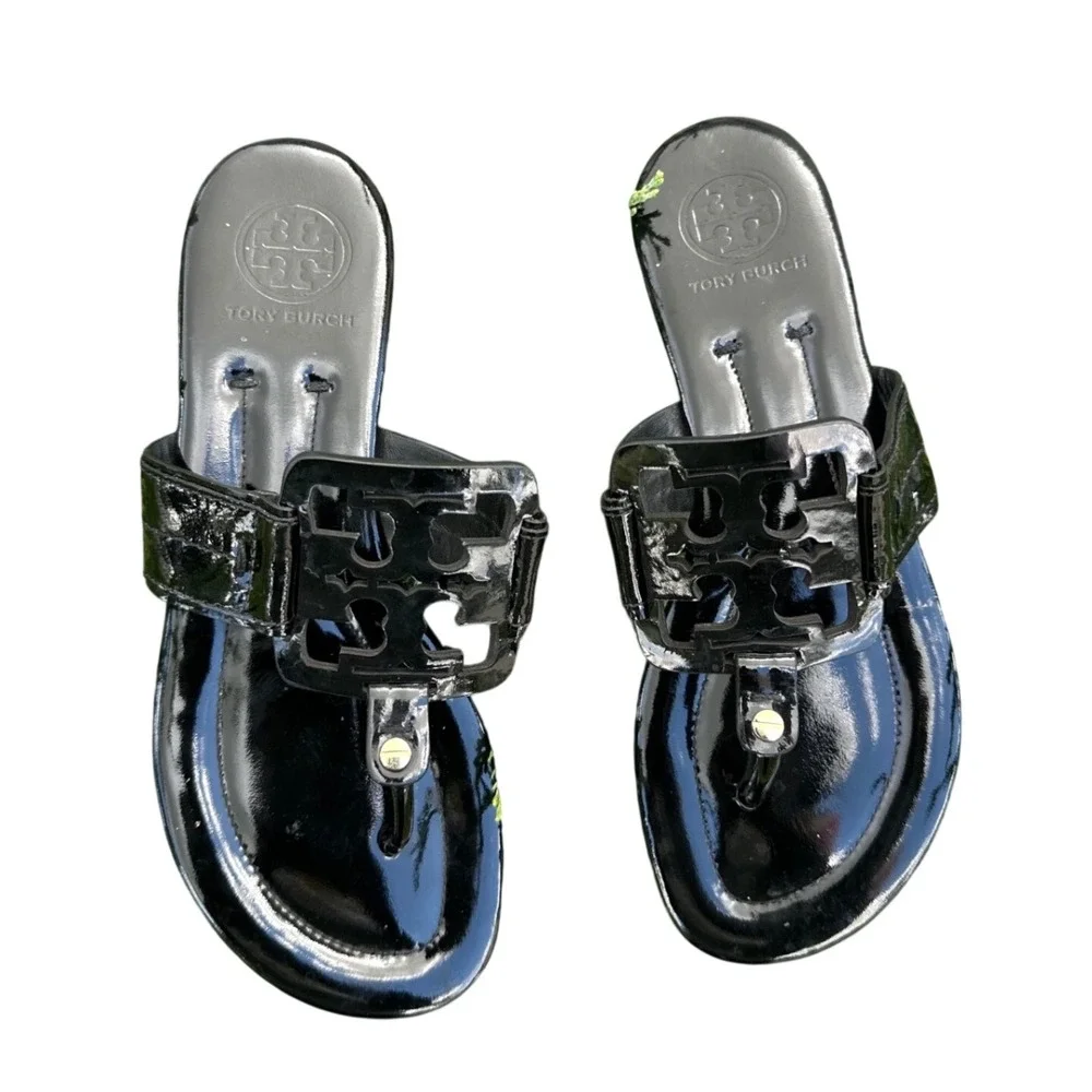 Tory Burch Miller Women's Patent Leather Logo Thong Sandals Slides Size 7 Black